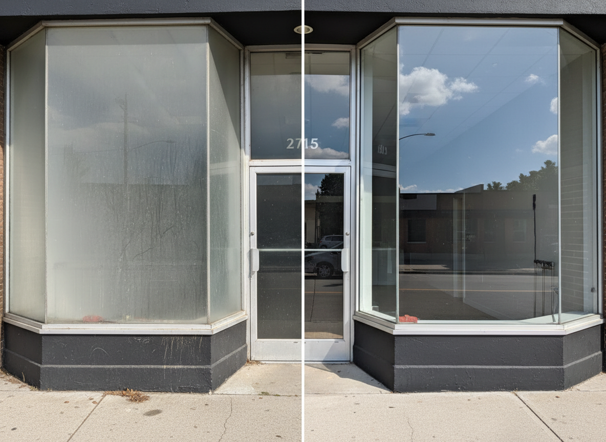 Before and after storefront window cleaning