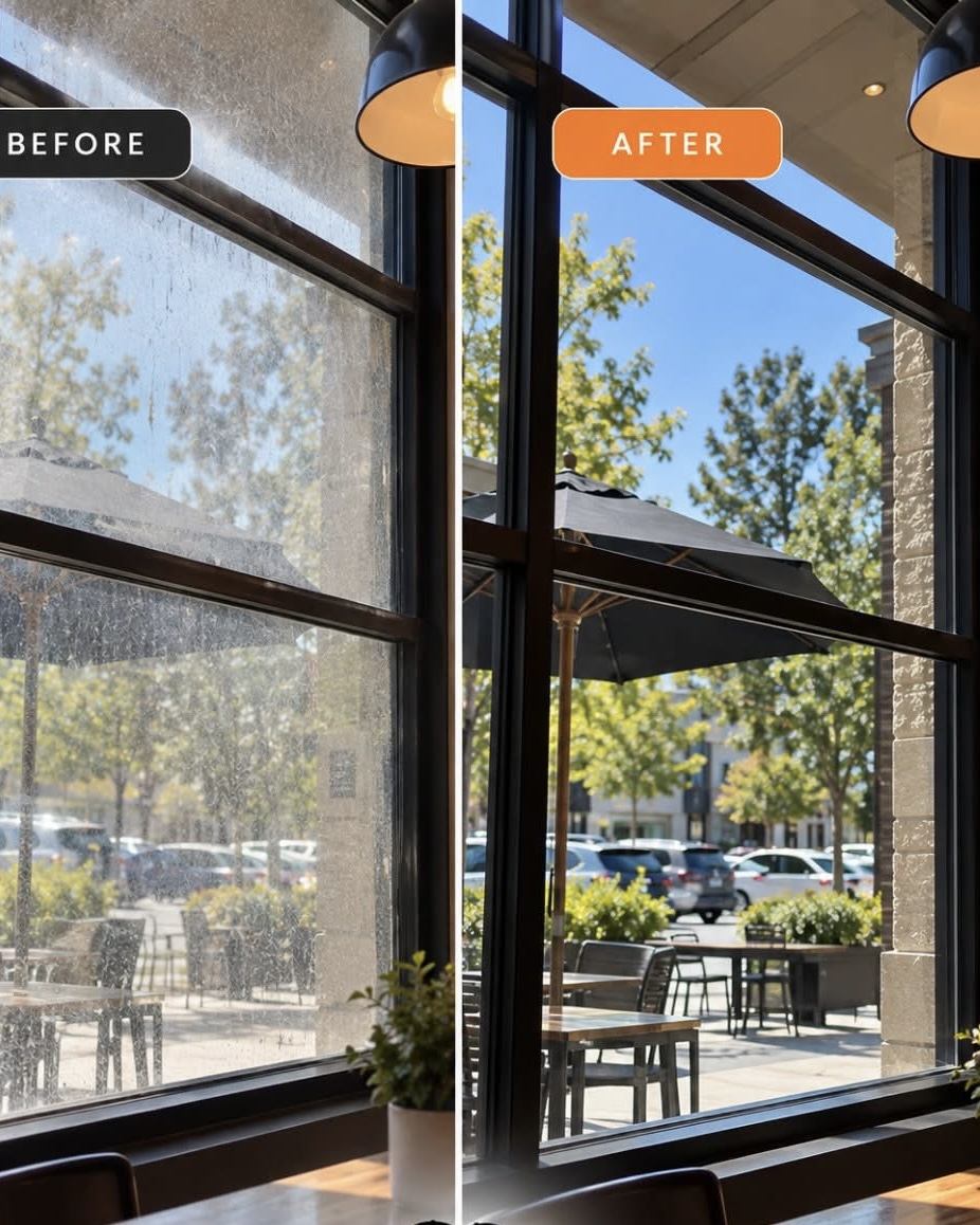 Before and after commercial window cleaning showing dramatic transformation - Elevate Window Cleaning Tulsa