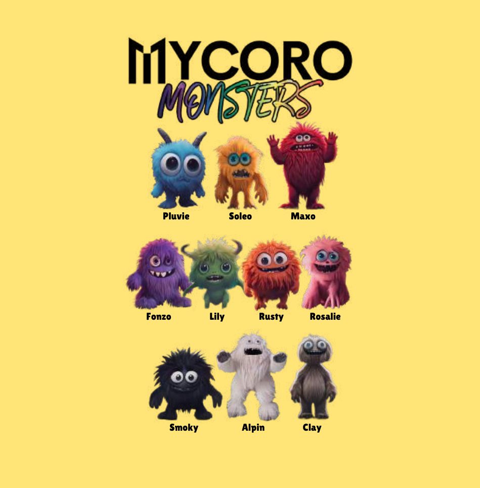 MYCORO Monsters logo above all ten furry monsters: Pluvie, Soleo, Maxo, Fonzo, Lily, Rusty, Rosalie, Smoky, Alpin and Clay