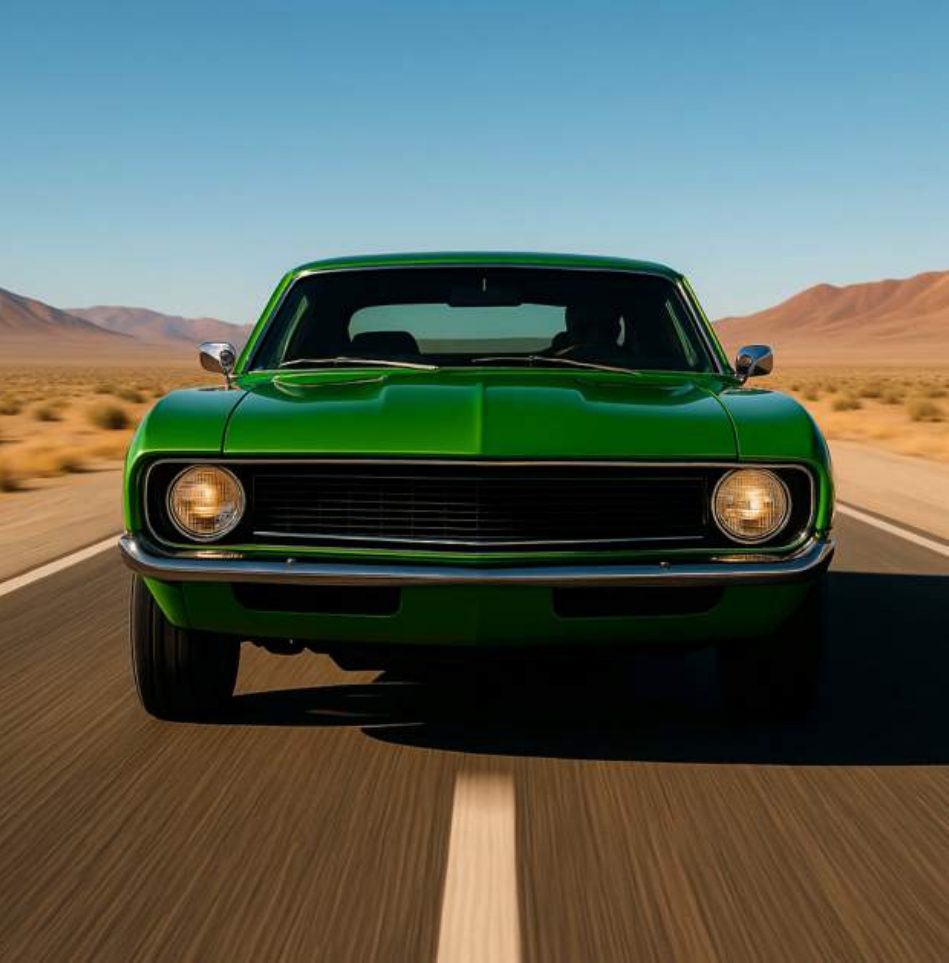 A green car speeding straight toward the viewer on an empty desert road