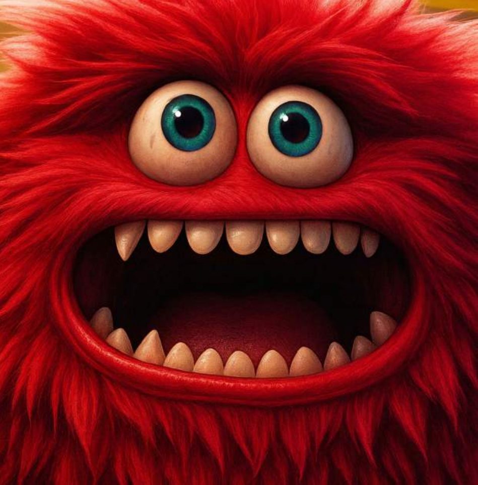 Maxo, a big red furry monster with huge eyes, shouting a warning