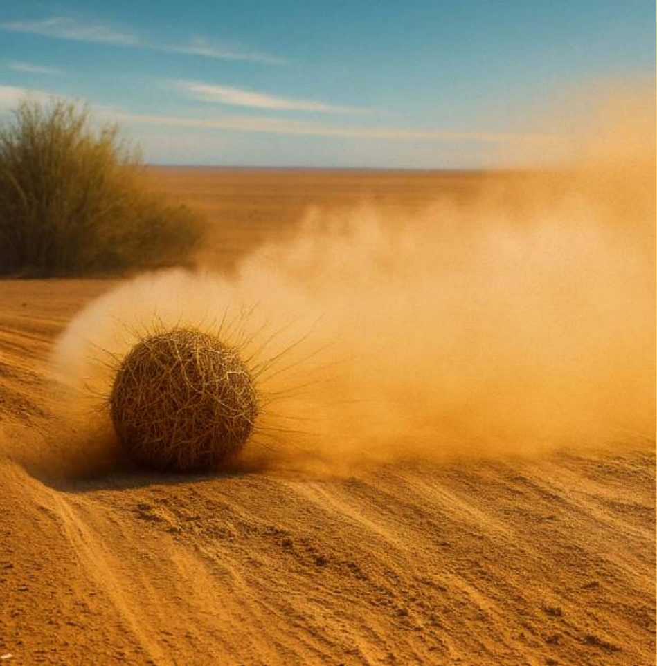 A tumbleweed racing away in a cloud of golden dust