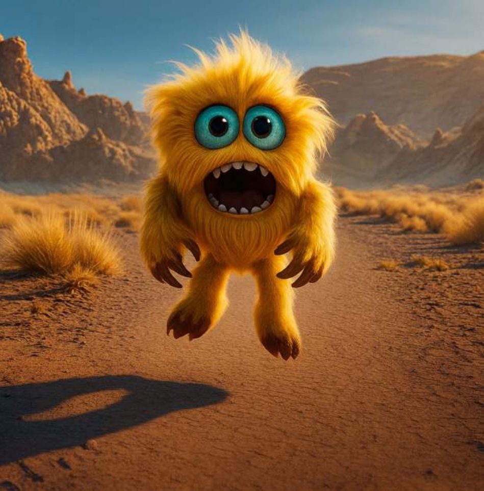 Soleo the yellow monster leaping through the air on a desert road