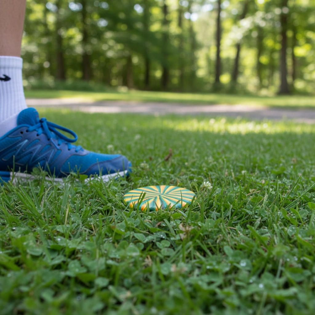 Divergent Discs Alpas mini marker next to blue shoe on grass