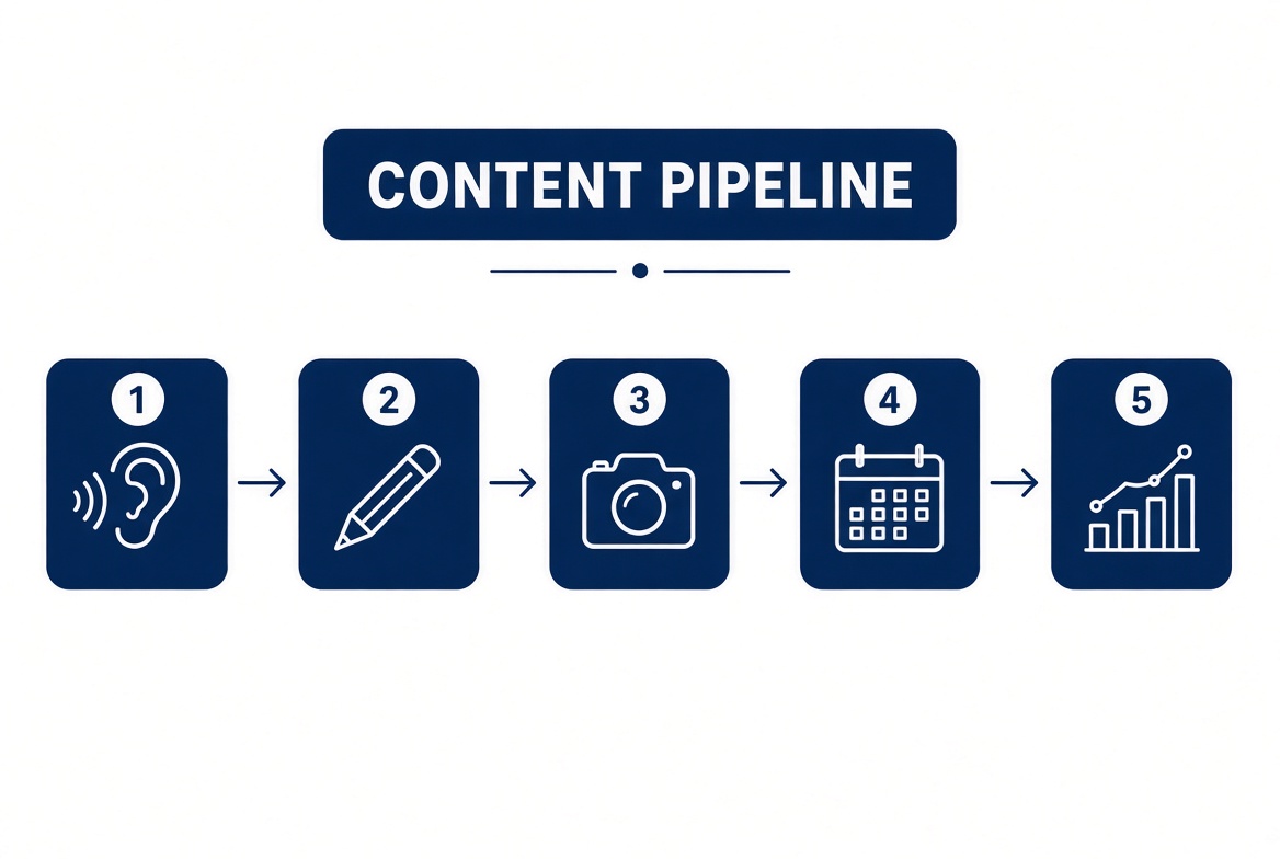 The five-step pipeline: listen and plan, create in your voice, design and produce, publish and engage, measure and adjust