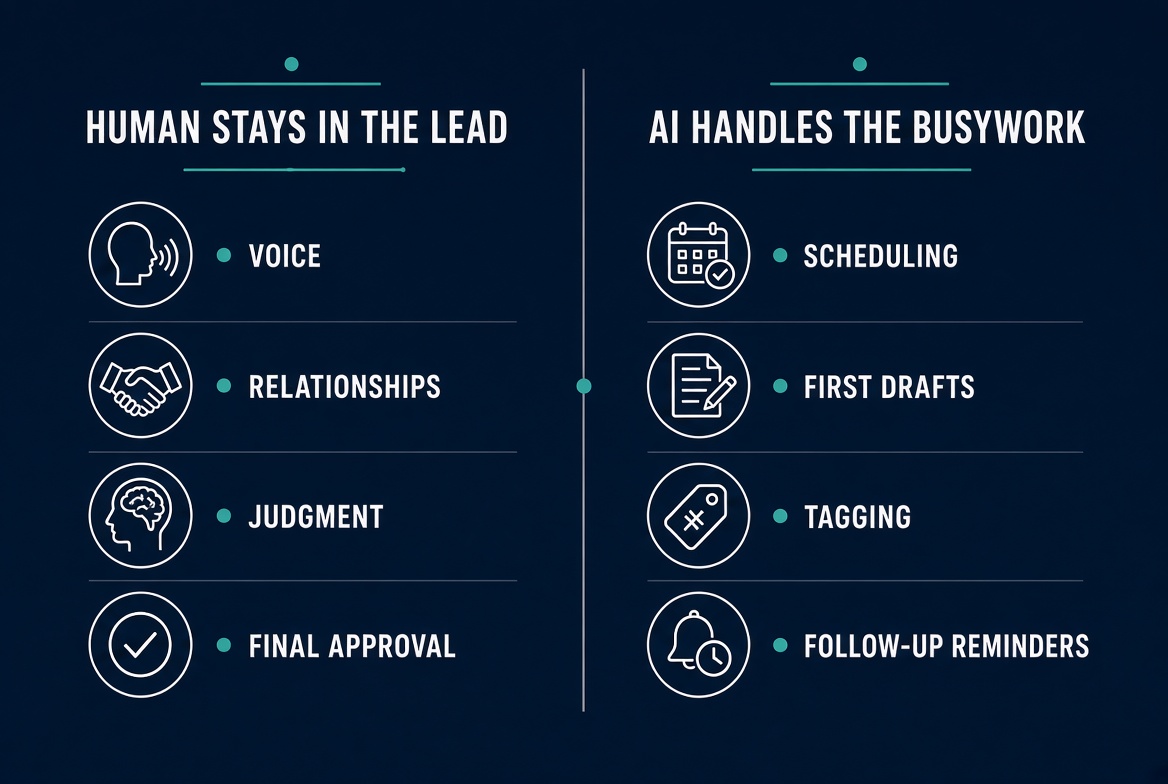 The split that keeps the work useful instead of generic: what AI should handle vs. what still needs a human