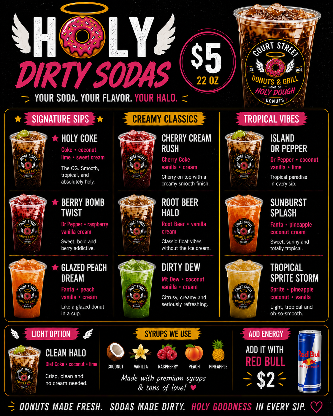Holy Dirty Sodas full menu - 9 flavors plus light option and Red Bull add-on