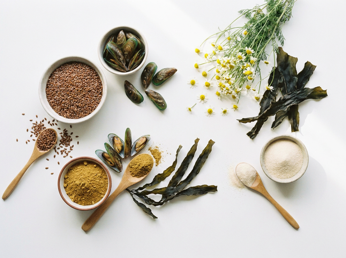 Natural supplement ingredients including flaxseed, green-lipped mussel, chamomile and more