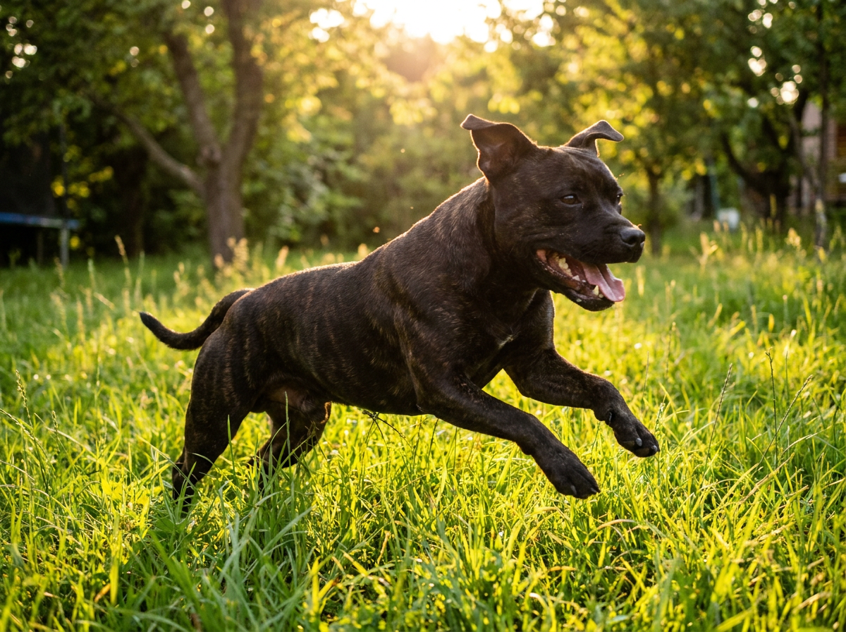 A Staffy running and playing freely with energy and joy