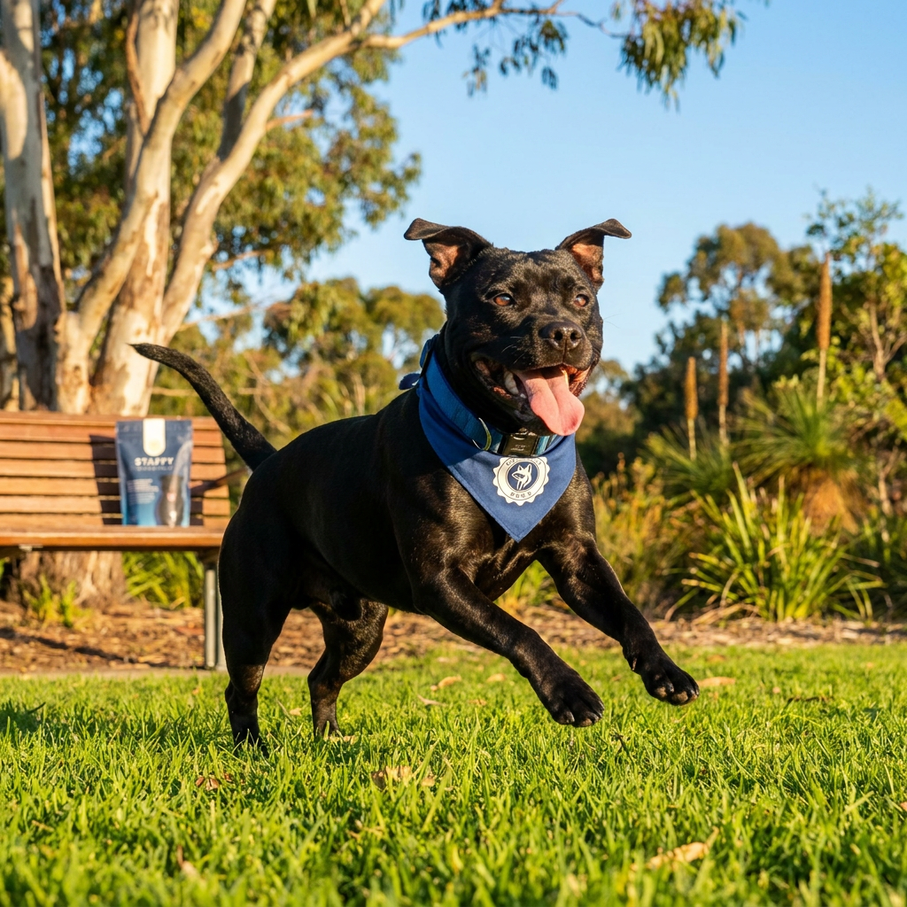 A happy Staffy running in the park with a Premium Paws bandana