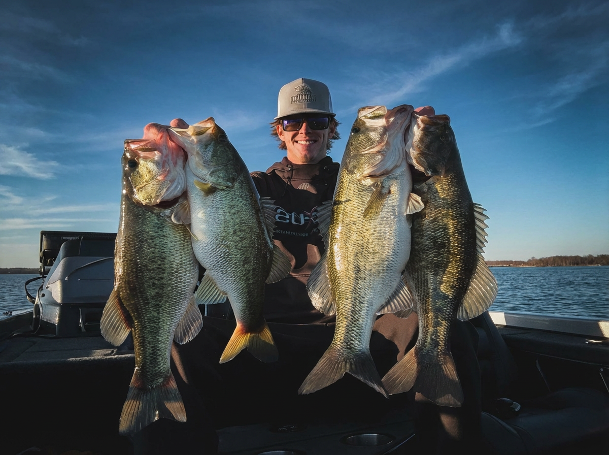Aiden on the boat holding four bass