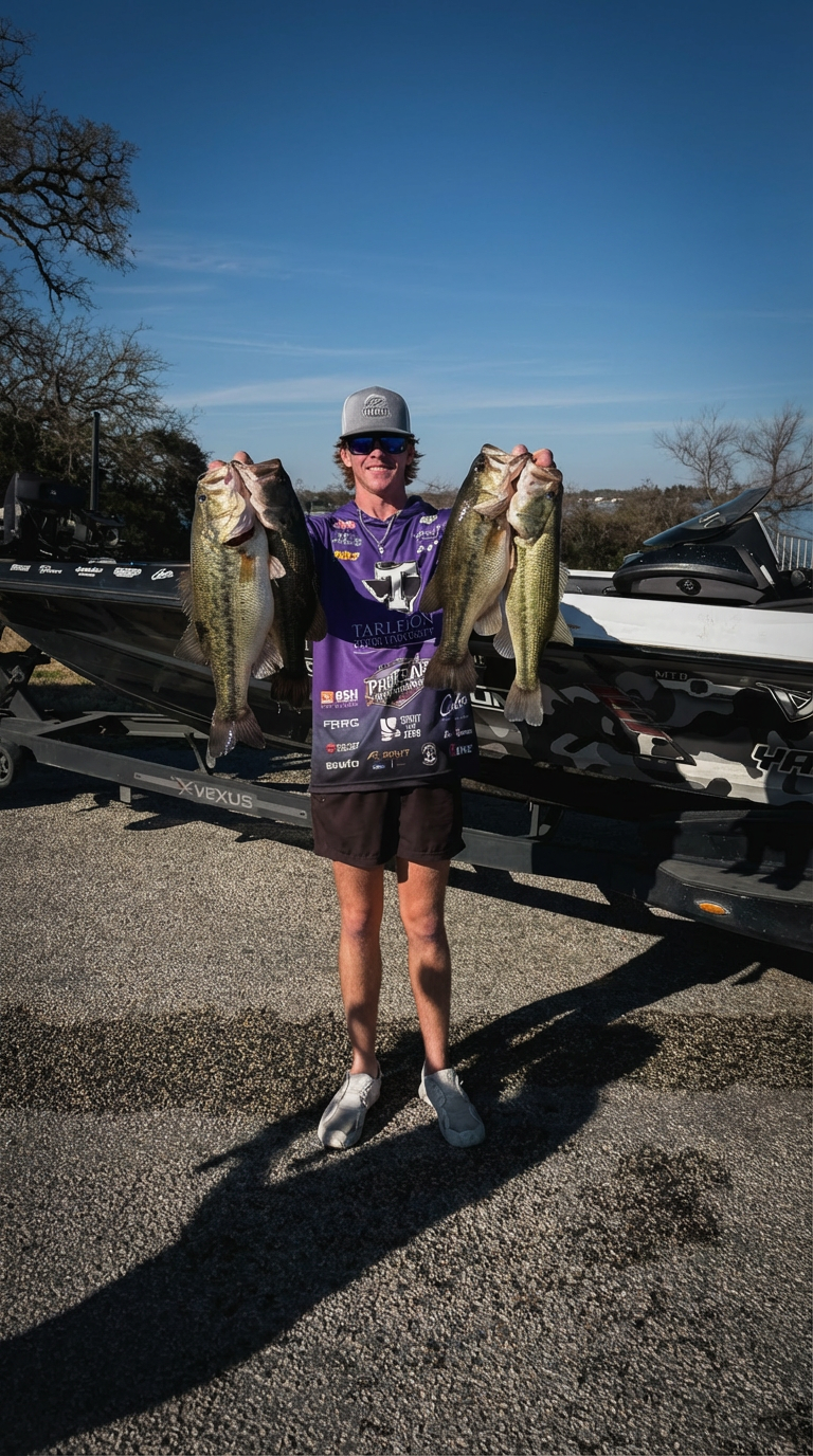 Aiden Hamblin holding bass in front of his Vexus boat