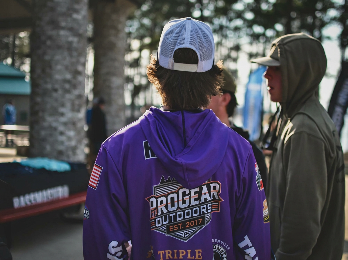 Aiden wearing ProGear Outdoors hoodie at tournament