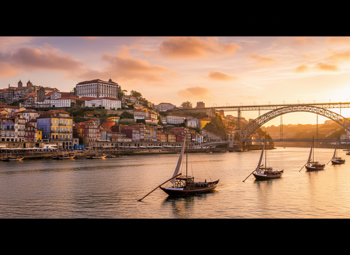 Porto, Portugal at golden hour with colorful buildings along the Douro River