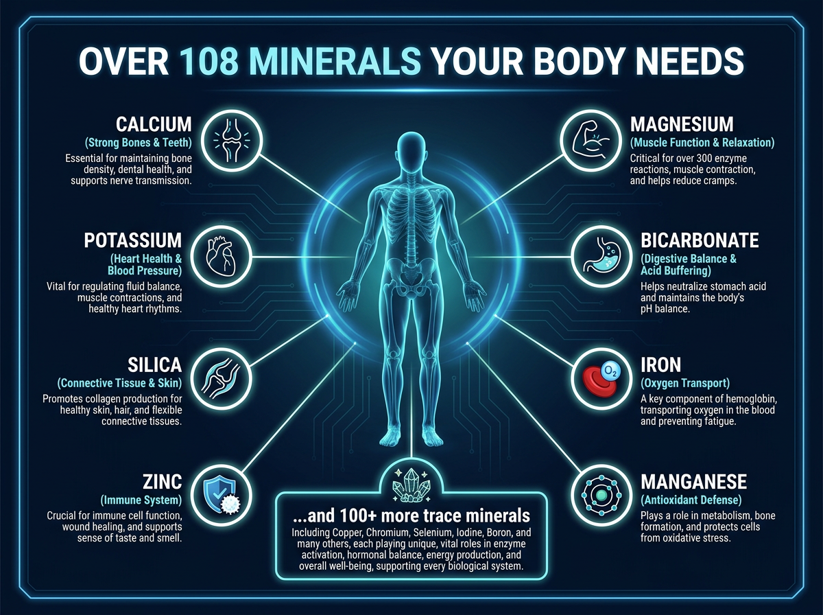 Infographic showing over 108 minerals in Live Alkaline Water and the body systems each mineral supports.
