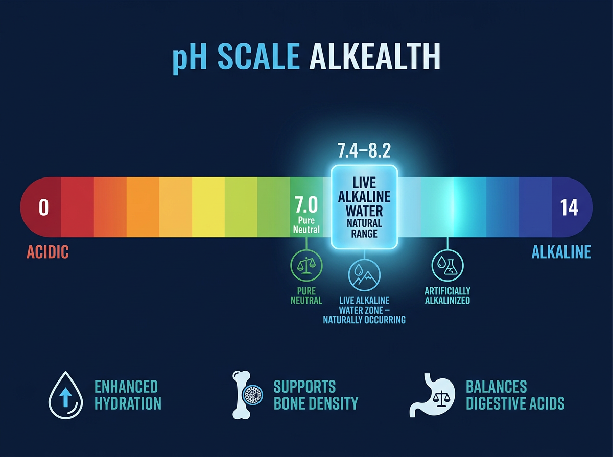 pH scale infographic showing Live Alkaline Water's natural range of 7.4 to 8.2 and its health benefits.