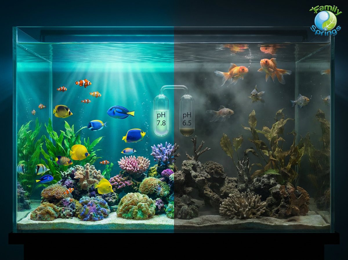 Split aquarium showing thriving fish in pH 7.8 water on the left versus stressed fish in lower pH water on the right