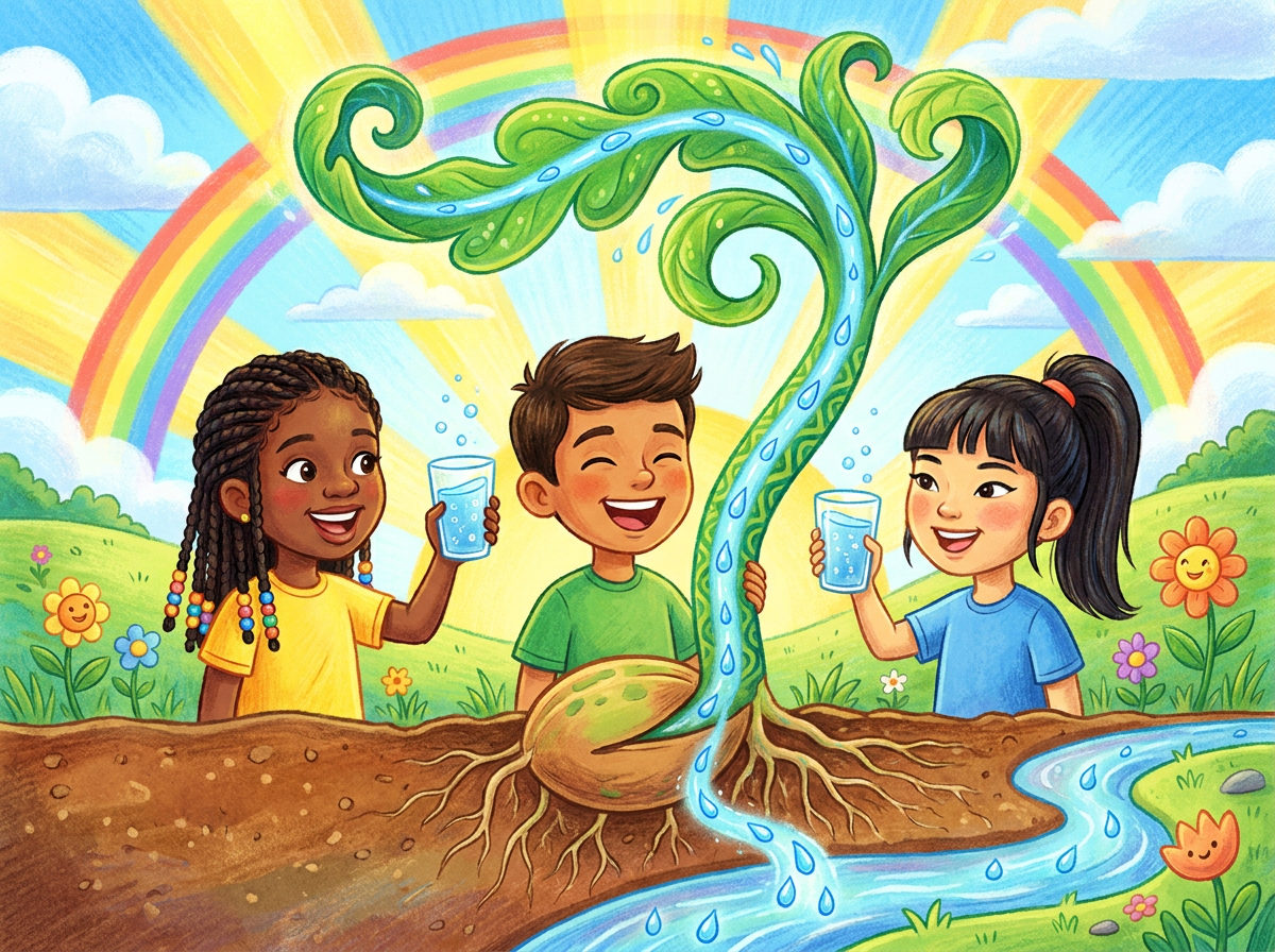 Three diverse children holding water glasses in front of a sprouting seed — Water The Seed Kids Corner