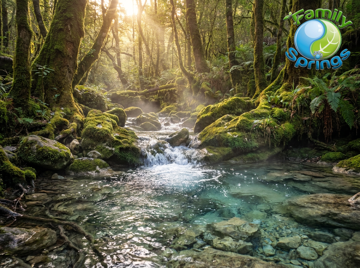 Natural artesian spring flowing from ancient limestone rock formations in a lush forested setting at golden hour