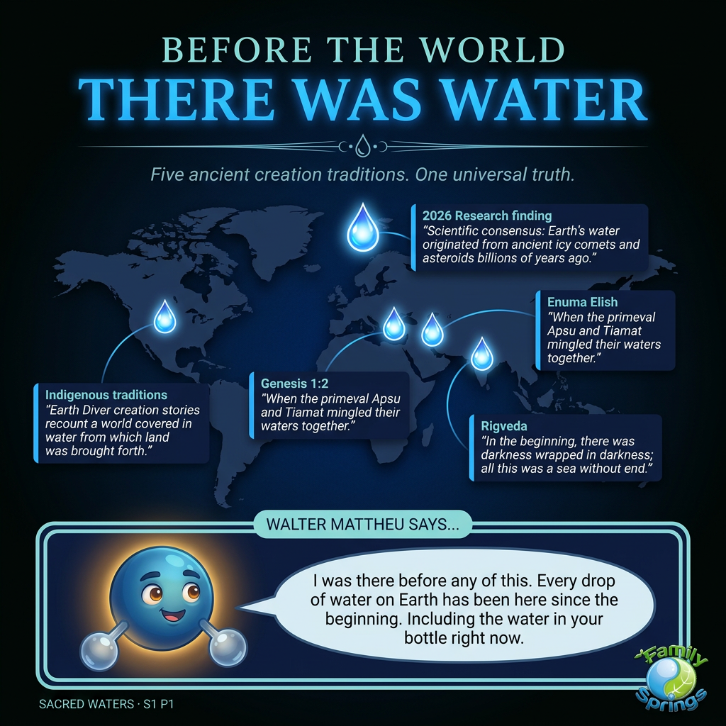 Sacred Waters Series 1 Post 1 infographic: water creation myths across world cultures