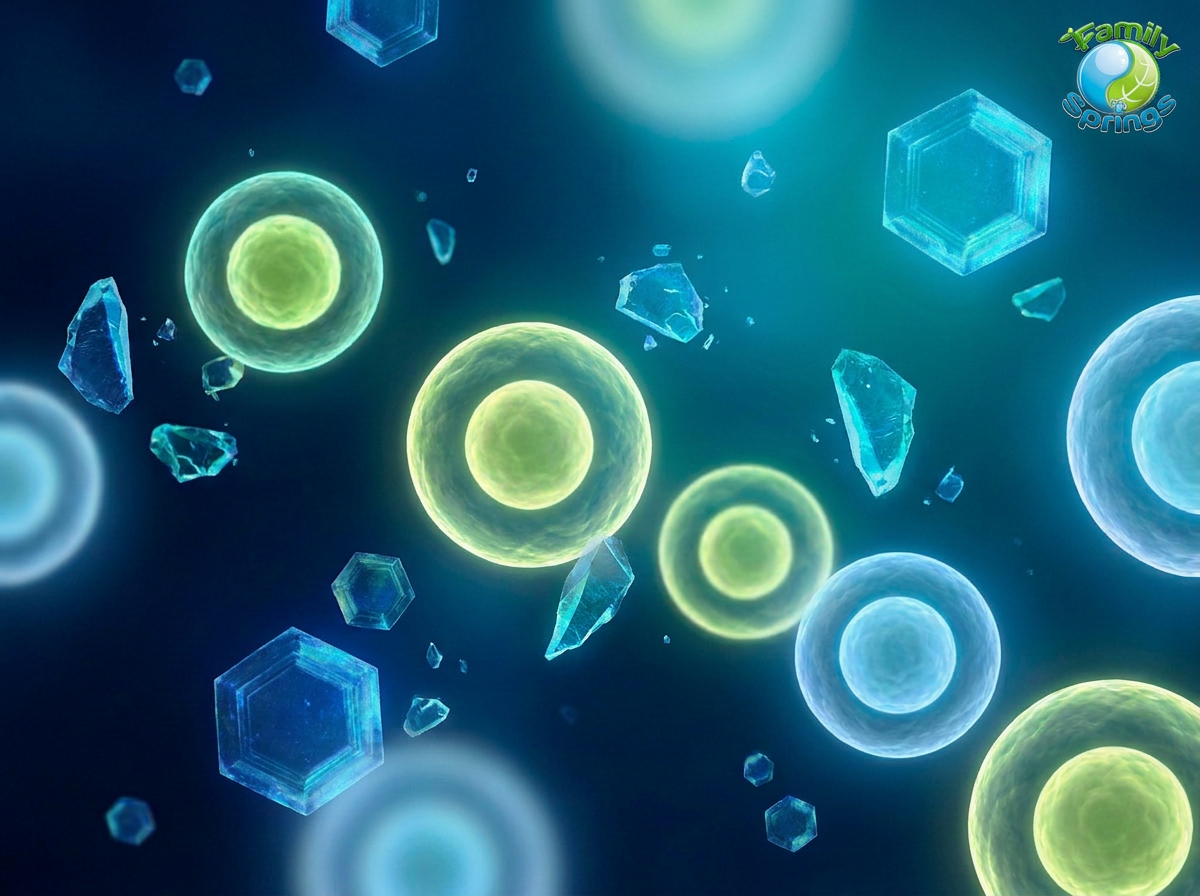 Abstract macro visualization of healthy cells surrounded by mineral-rich crystalline fluid in deep blue and teal tones
