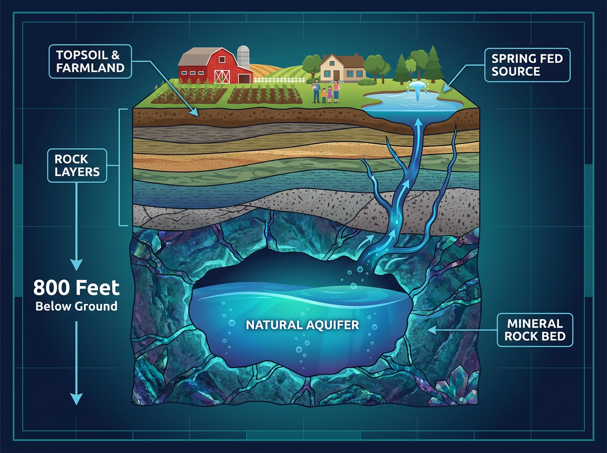 Cross-section diagram showing how Live Alkaline Water is drawn from a natural aquifer 800 feet underground, filtered through ancient mineral rock beds.