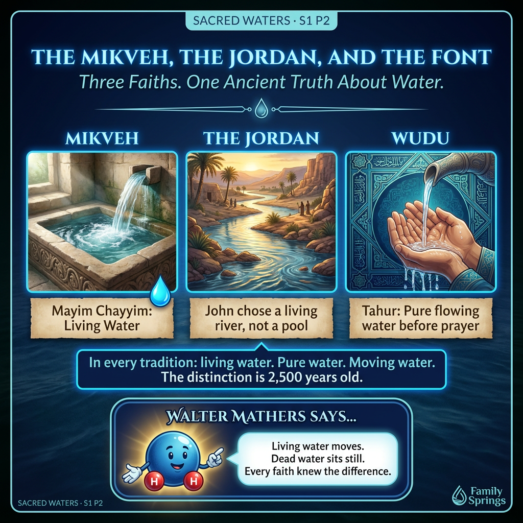 Sacred Waters S1P2 infographic: Living Water across Judaism, Christianity, and Islam