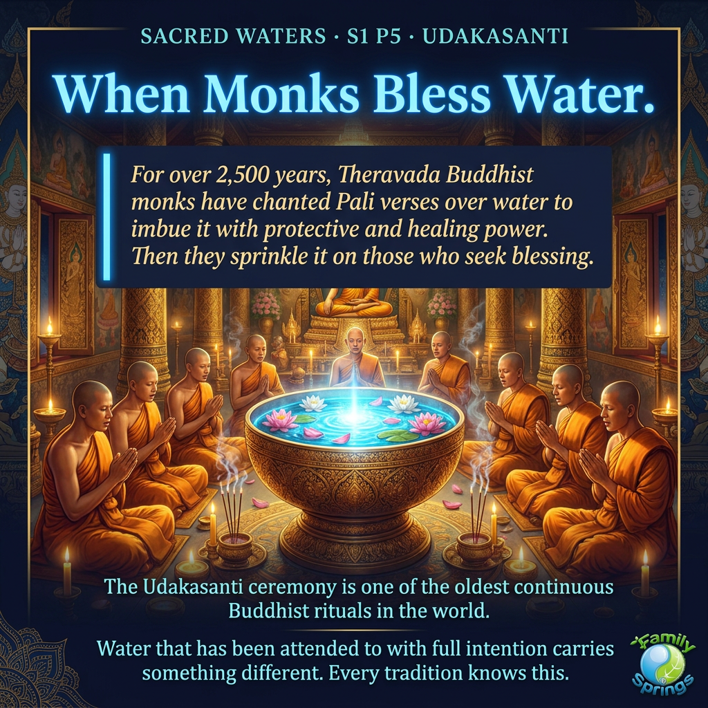 Buddhist monks chanting over a water vessel in a golden temple in Southeast Asia