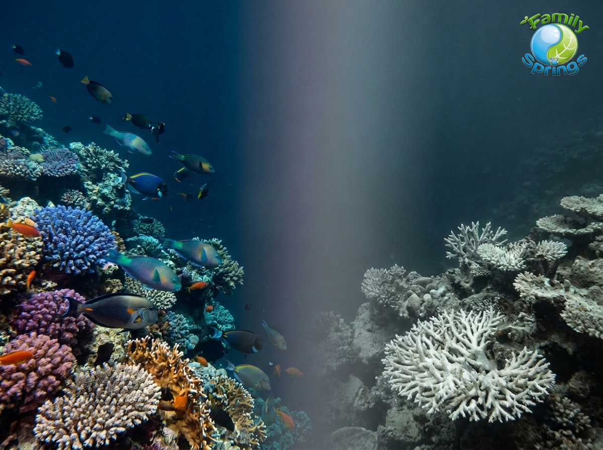 Split underwater scene: thriving colorful coral reef on the left, bleached white coral skeleton on the right