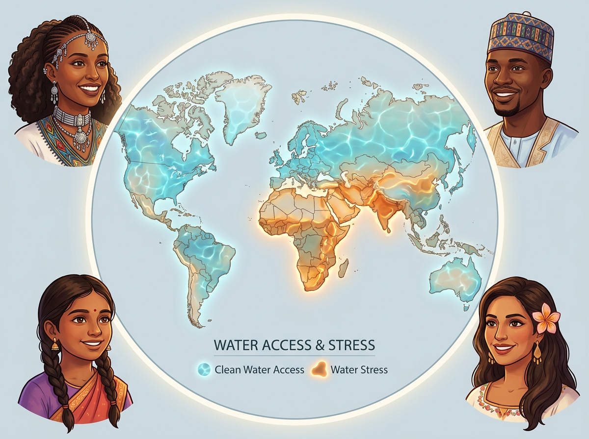 World map showing regions with clean water access and water-stressed regions, surrounded by diverse faces