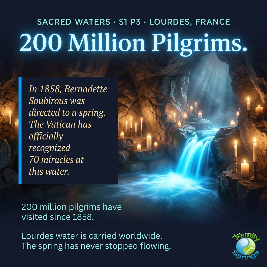Lourdes grotto spring — 200 million pilgrims, 70 Vatican-recognized miracles