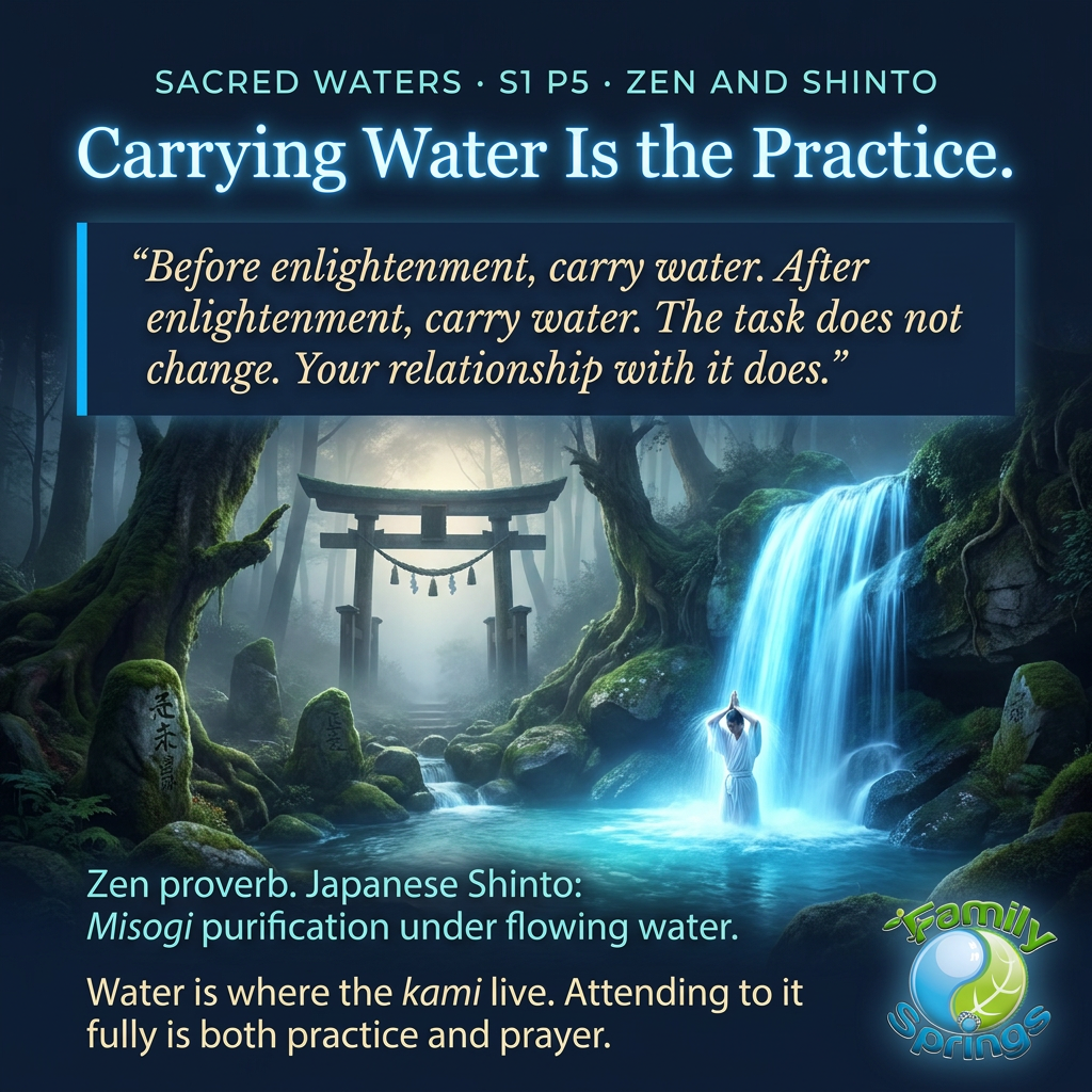 A Zen monk carrying water buckets through a misty Japanese garden path