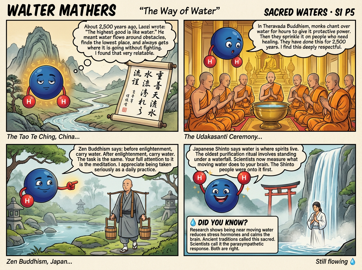 Walter Mathers 4-panel comic strip: Water in Taoism, Buddhism, Shinto, and Blue Mind science