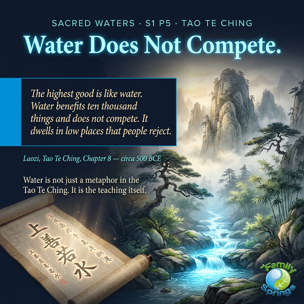 Misty mountain landscape with water flowing naturally, evoking the philosophy of the Tao Te Ching