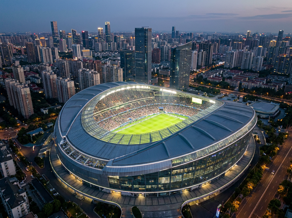 Aerial view of a modern football stadium lit at dusk, surrounded by dense urban cityscape