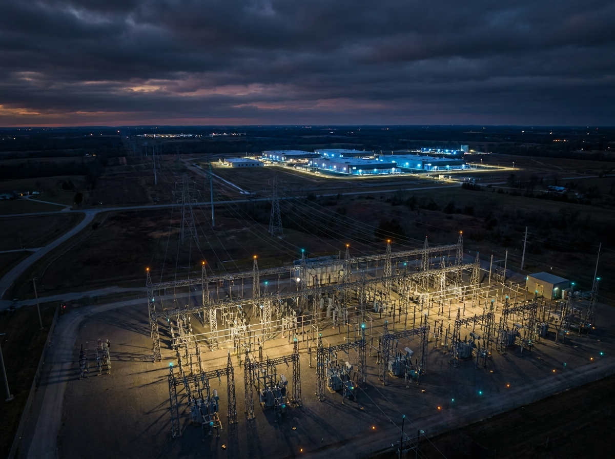 Aerial view of a high-voltage electrical transmission substation at dusk with power lines extending toward a data center campus on the horizon