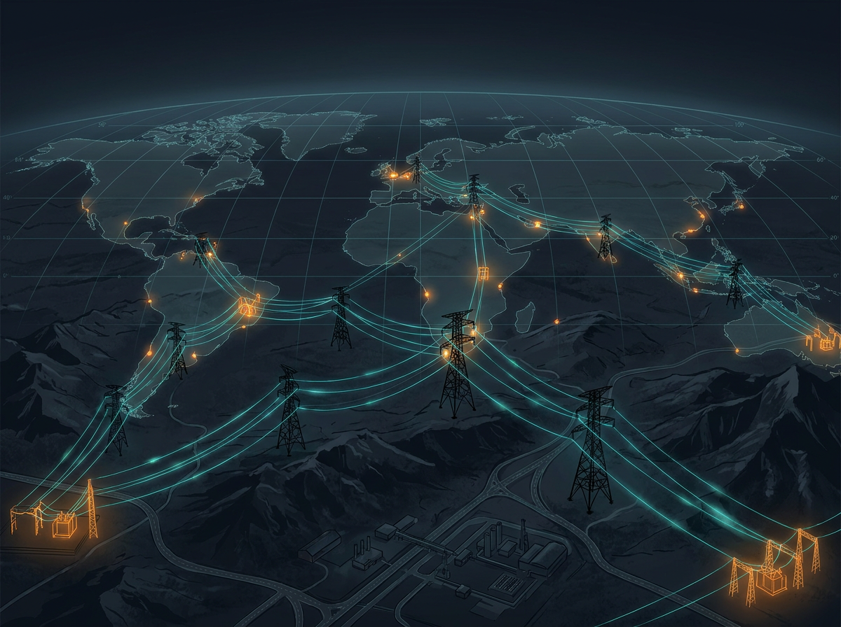 High-voltage transmission infrastructure with global power grid connectivity illustration