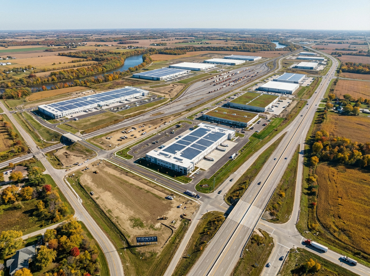 Aerial view of large Midwest industrial development site with highway and rail access