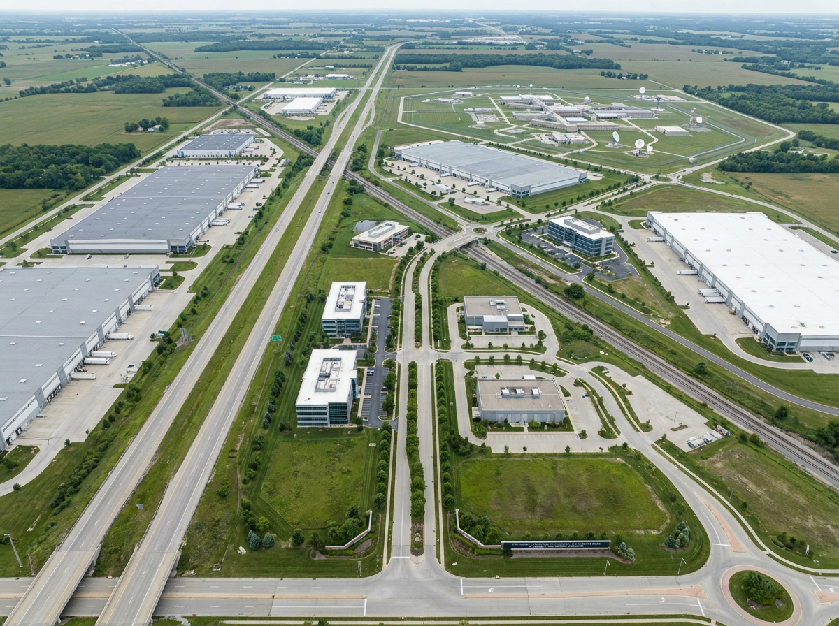 Aerial view of a certified multi-county technology park adjacent to a federal defense installation