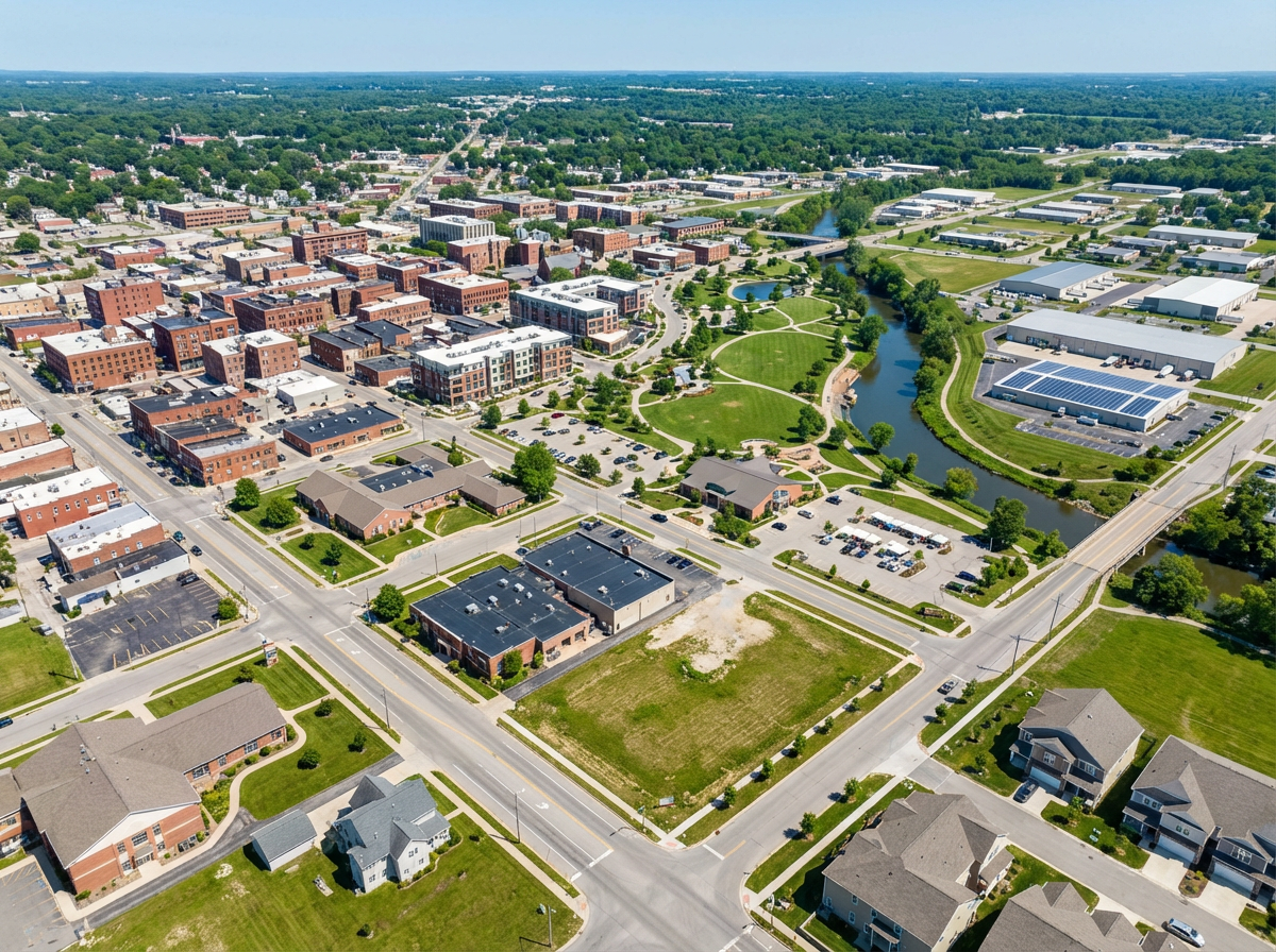 Aerial view of a thriving community with commercial and industrial districts