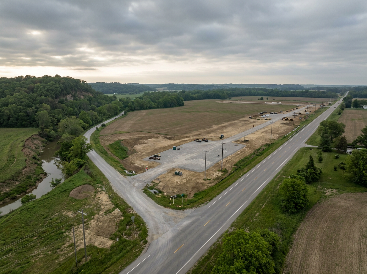Aerial view of a rural state highway corridor with industrial development site in southern Indiana