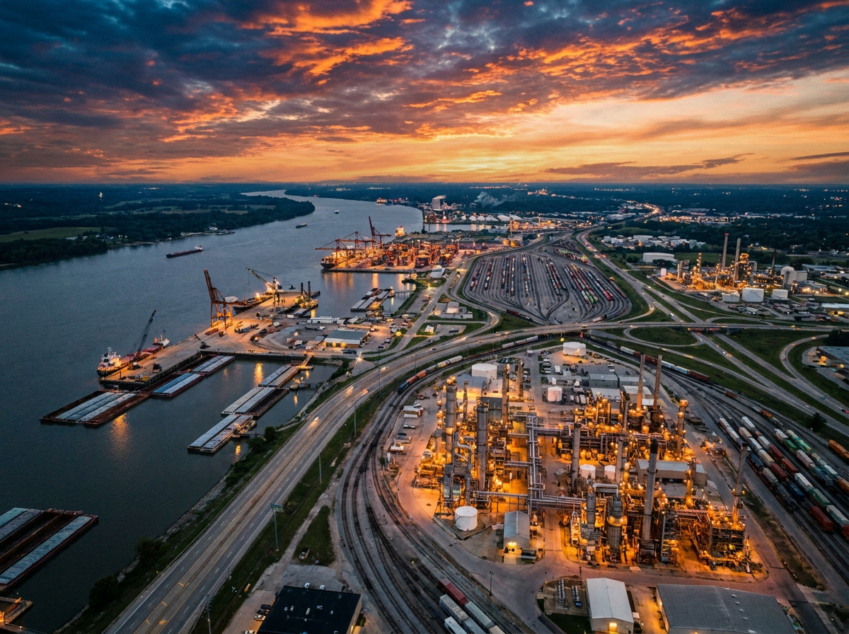 Aerial view of a four-county Midwestern industrial region with river port and rail infrastructure