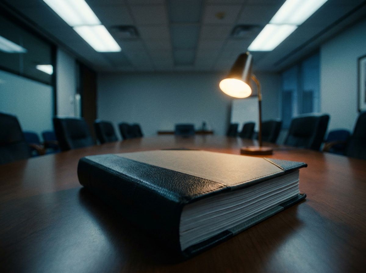 A formal RFP document packet sitting closed on a conference room table before a high-stakes site selection meeting