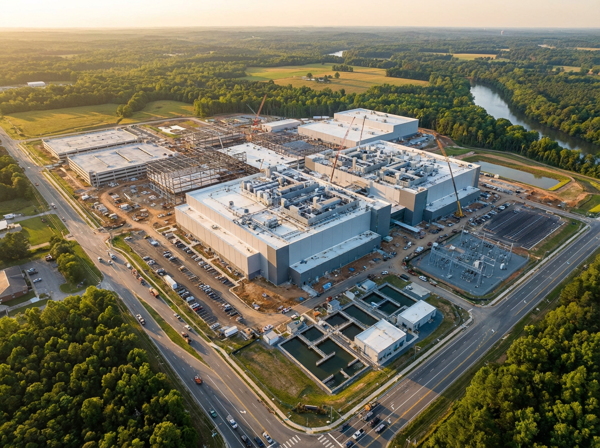 Aerial view of a semiconductor fabrication campus under construction