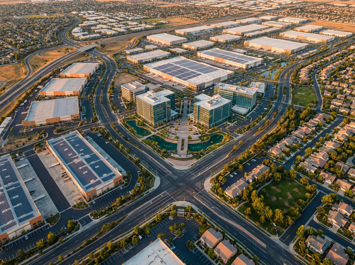 Aerial view of modern industrial park and community infrastructure