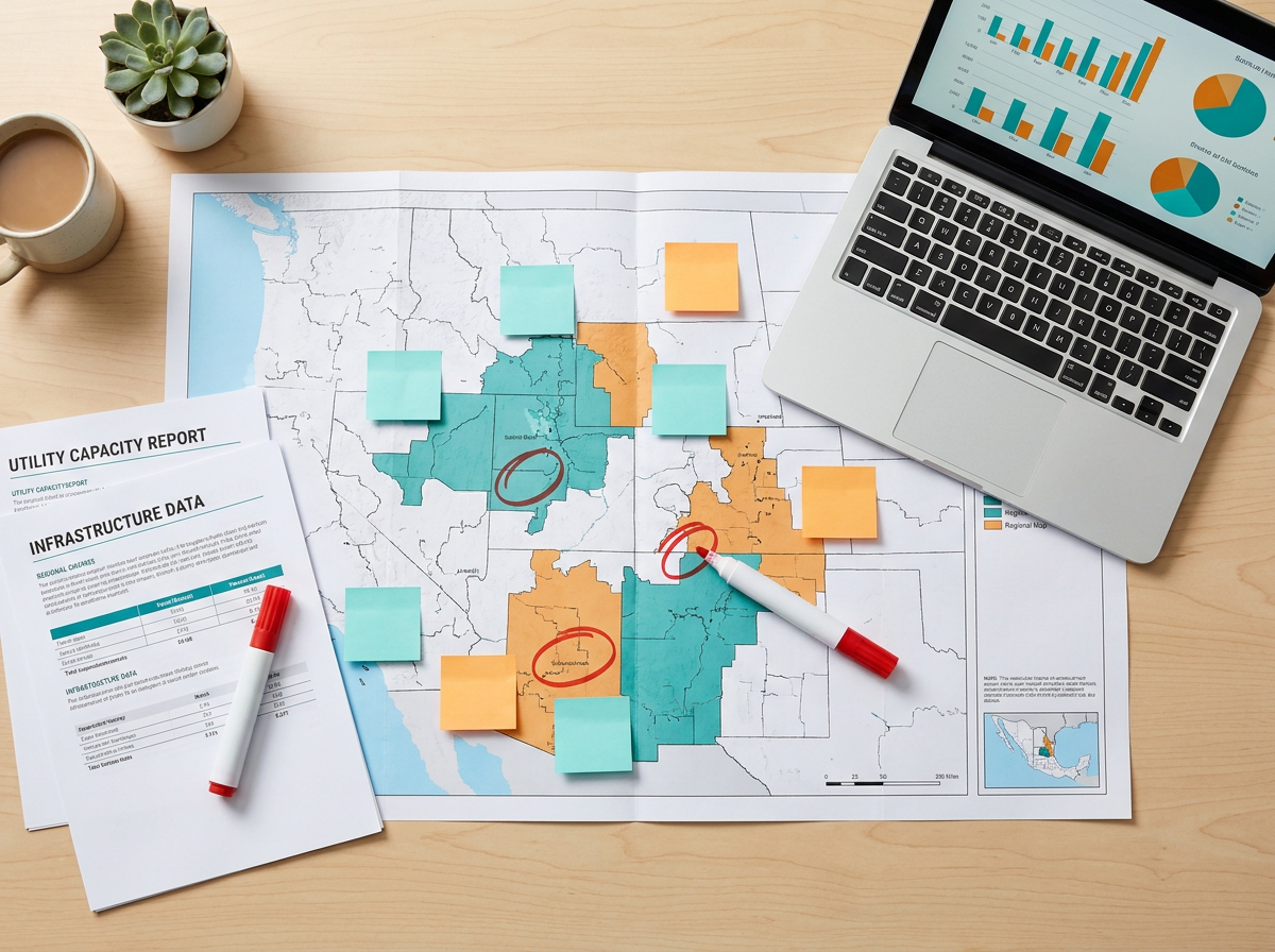 Site selection due diligence workspace with maps and data