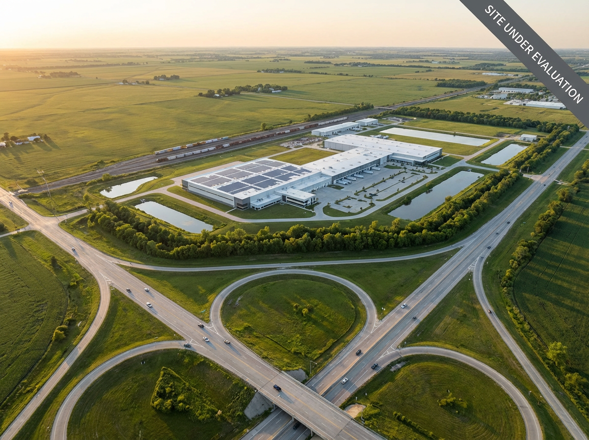 Aerial view of a modern manufacturing campus evaluated for corporate site selection