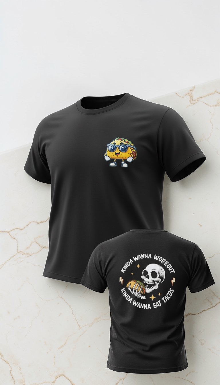 Kinda Wanna Workout Kinda Wanna Eat Tacos Tee — funny gym and taco custom DTF shirt