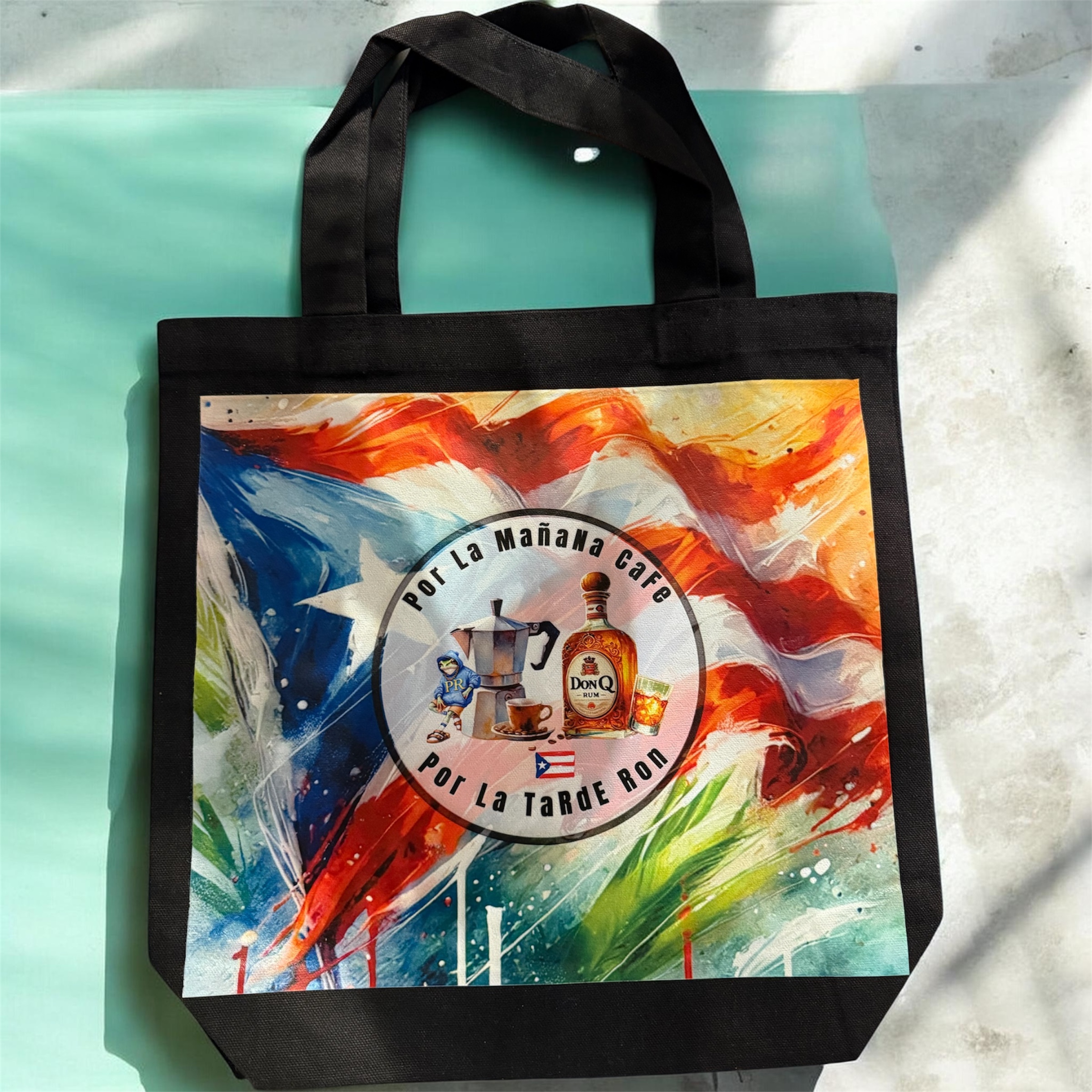 PR Café y Ron Tote — Puerto Rico coffee and rum themed custom DTF tote bag