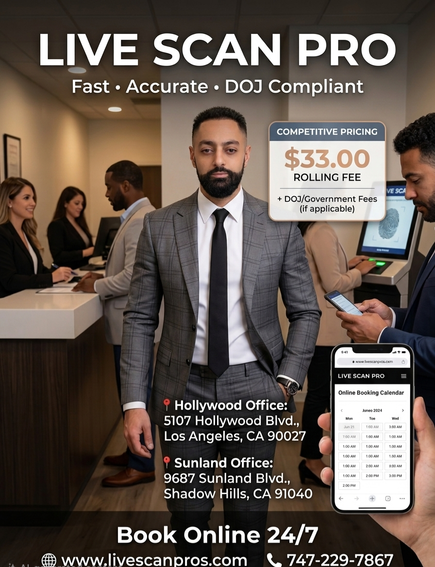Live Scan Pro — $33 rolling fee, Hollywood and Sunland offices, book online at livescanpros.com or call 747-229-7867